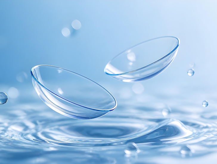 Clear soft contact lens for dry eyes floating against water droplet background 