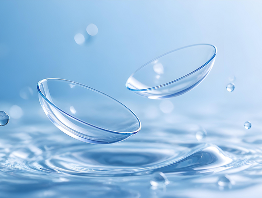 Clear soft contact lens for dry eyes floating against water droplet background 